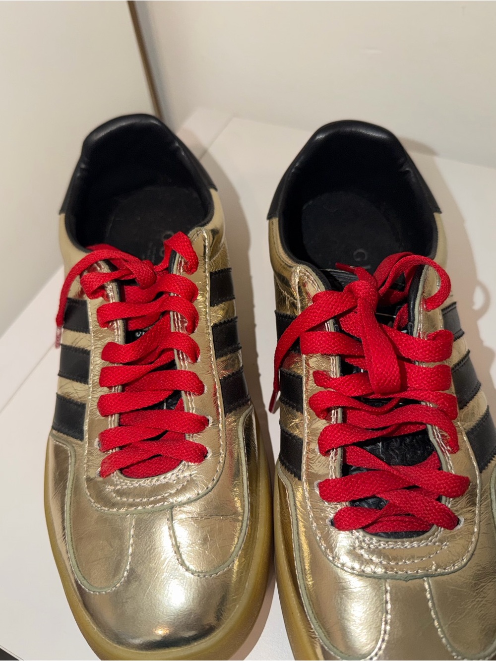 Adidas & Gucci collab -Gold Metallic Sneakers with Red Laces